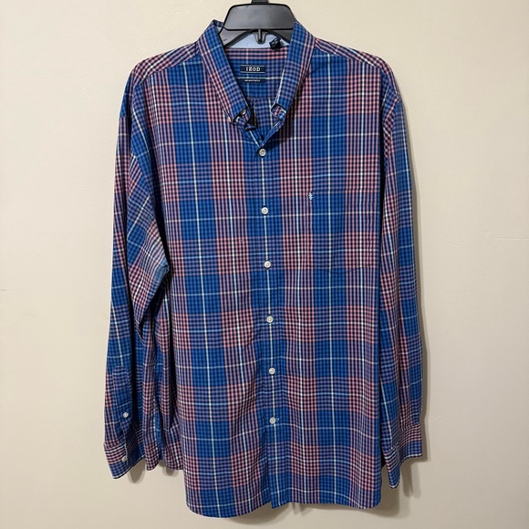 Izod Men's Casual Blue and Red Checkered Shirt - Picture 1 of 7